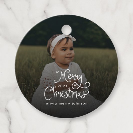 Merry Christmas Whimsical Script  Baby Photo  Bedankjes Labels (Voorkant)