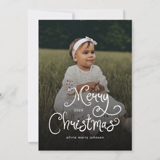 Merry Christmas Whimsical Script  Baby Photo  Feestdagenkaart (Voorkant)