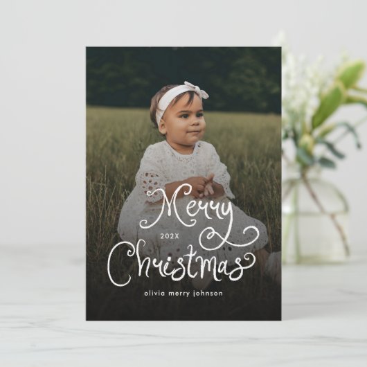 Merry Christmas Whimsical Script  Baby Photo  Feestdagenkaart (Staand voorkant)