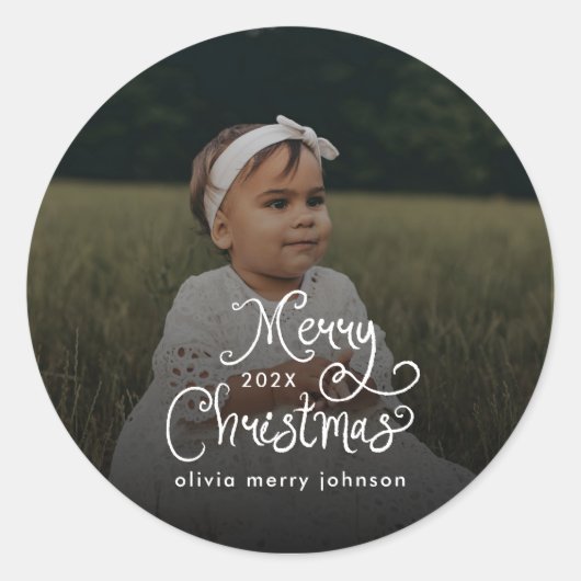 Merry Christmas Whimsical Script  Baby Photo  Ronde Sticker (Voorkant)