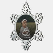Merry Christmas Whimsical Script  Baby Photo  Tin Sneeuwvlok Ornament (Rechts)