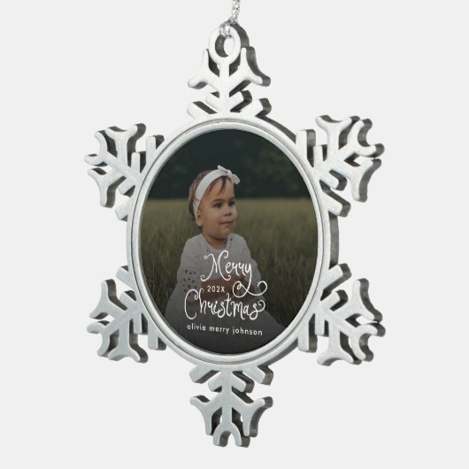 Merry Christmas Whimsical Script  Baby Photo  Tin Sneeuwvlok Ornament (Rechts)