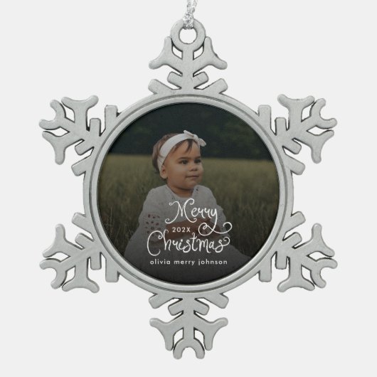 Merry Christmas Whimsical Script Baby Photo Tin Sneeuwvlok Ornament (Voorkant)