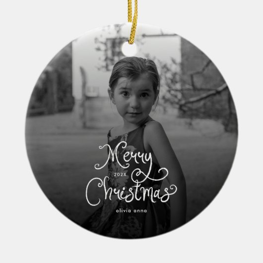 Merry Christmas Whimsical Script custom Photo Dog Keramisch Ornament (Voorkant)