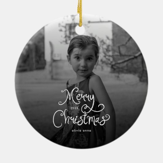 Merry Christmas Whimsical Script custom Photo Dog Keramisch Ornament (Achterkant)