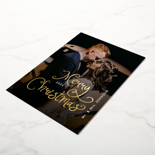 Merry Christmas Whimsical Script  Custom Photo  Folie Feestdagenkaart (Gedraaid)