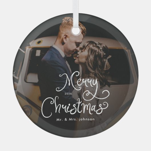 Merry Christmas Whimsical Script  Custom Photo  Glas Ornament (Voorkant)