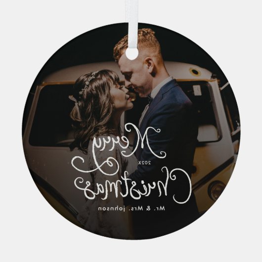 Merry Christmas Whimsical Script  Custom Photo  Glas Ornament (Achterkant)