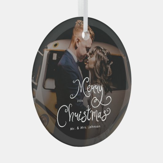 Merry Christmas Whimsical Script  Custom Photo  Glas Ornament (Voorkant Rechts)