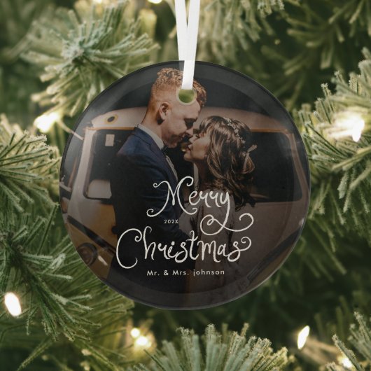 Merry Christmas Whimsical Script Custom Photo Glas Ornament (Insitu)