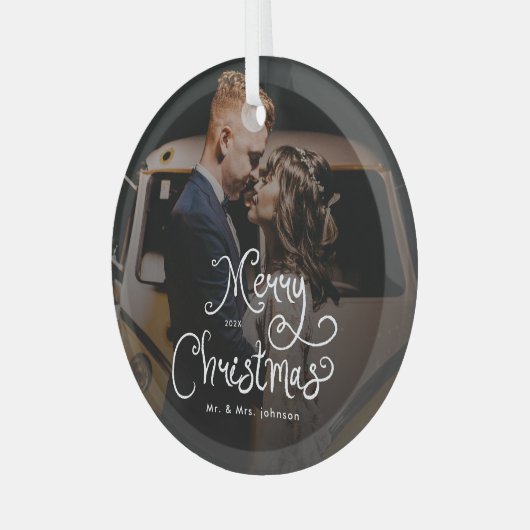 Merry Christmas Whimsical Script  Custom Photo  Glas Ornament (Voorkant links)