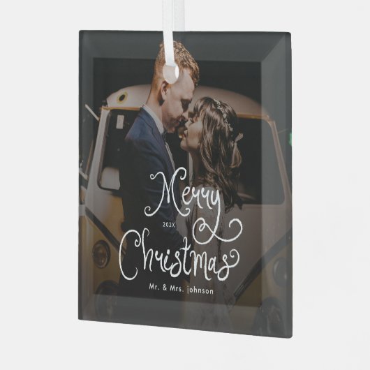 Merry Christmas Whimsical Script  Custom Photo  Glas Ornament (Voorkant links)
