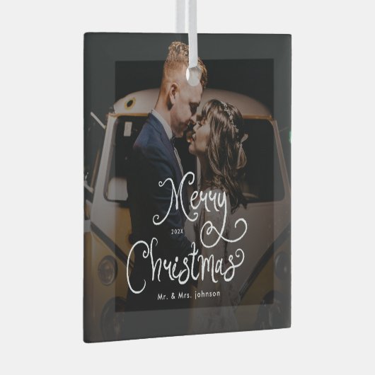 Merry Christmas Whimsical Script  Custom Photo  Glas Ornament (Voorkant Rechts)