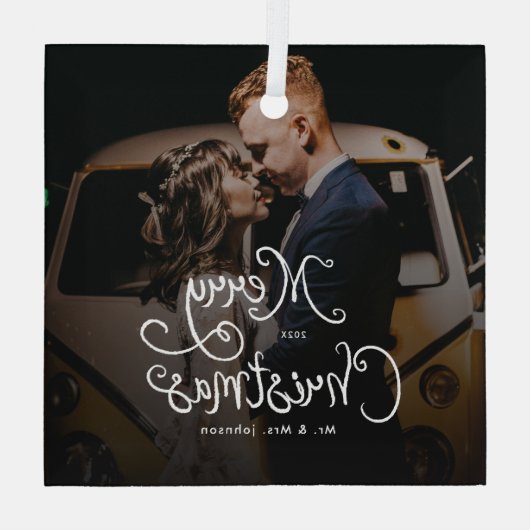 Merry Christmas Whimsical Script  Custom Photo  Glas Ornament (Achterkant)