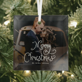 Merry Christmas Whimsical Script  Custom Photo  Glas Ornament