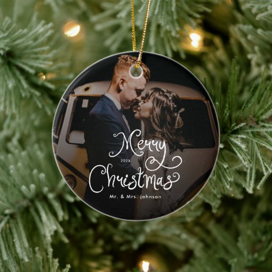 Merry Christmas Whimsical Script Custom Photo Keramisch Ornament (Boom)