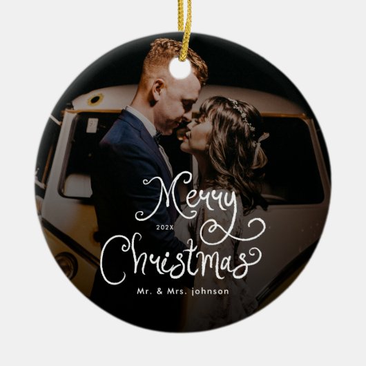 Merry Christmas Whimsical Script  Custom Photo  Keramisch Ornament (Voorkant)