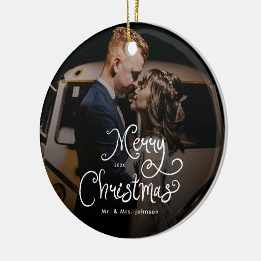 Merry Christmas Whimsical Script Custom Photo Keramisch Ornament (Links)