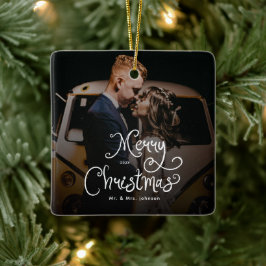 Merry Christmas Whimsical Script  Custom Photo  Keramisch Ornament