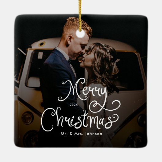 Merry Christmas Whimsical Script  Custom Photo  Keramisch Ornament (Achterkant)