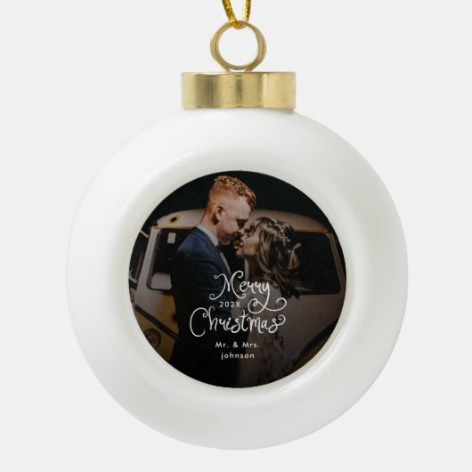 Merry Christmas Whimsical Script  Custom Photo  Keramische Bal Ornament (Voorkant)