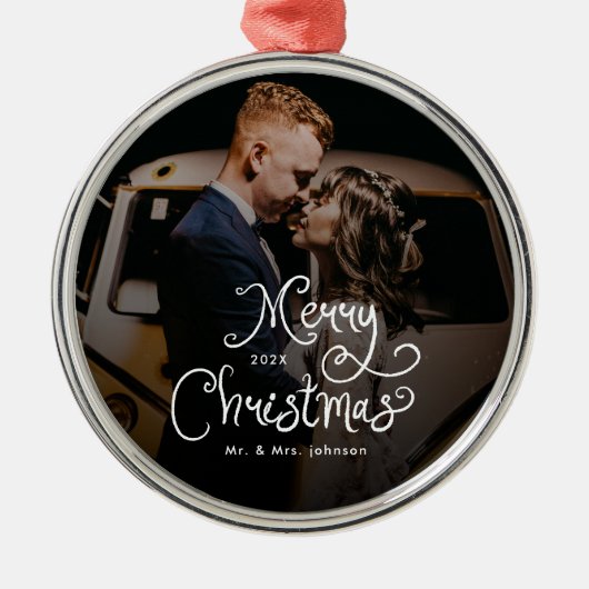 Merry Christmas Whimsical Script  Custom Photo  Metalen Ornament (Voorkant)