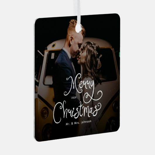 Merry Christmas Whimsical Script  Custom Photo  Metalen Ornament (Voorkant Rechts)