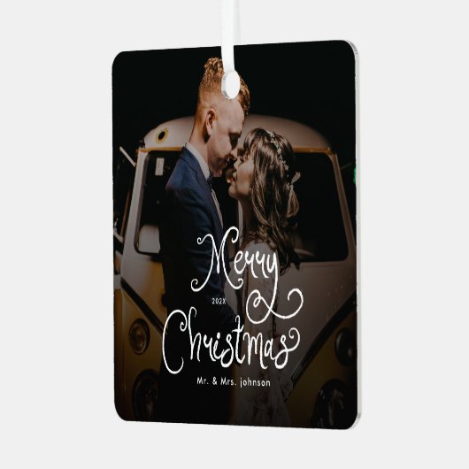 Merry Christmas Whimsical Script Custom Photo Metalen Ornament (Voorkant links)
