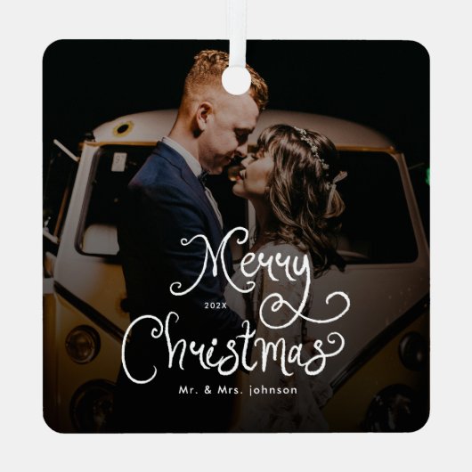 Merry Christmas Whimsical Script Custom Photo Metalen Ornament (Achterkant)