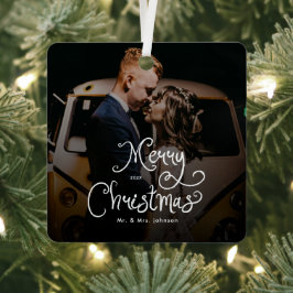 Merry Christmas Whimsical Script  Custom Photo  Metalen Ornament