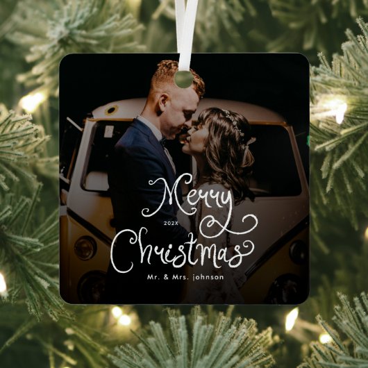 Merry Christmas Whimsical Script Custom Photo Metalen Ornament (Insitu)