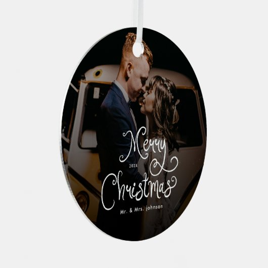 Merry Christmas Whimsical Script  Custom Photo  Metalen Ornament (Voorkant Rechts)