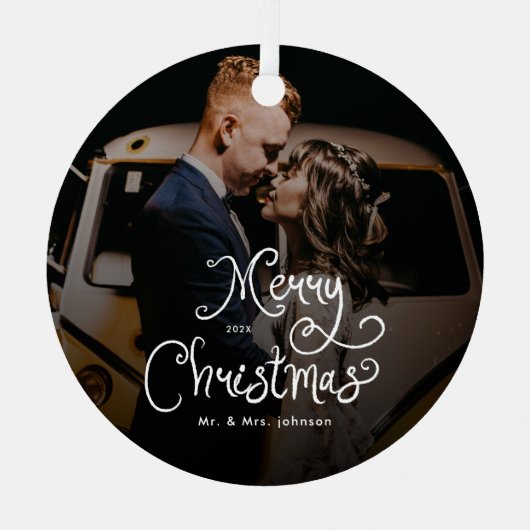 Merry Christmas Whimsical Script  Custom Photo  Metalen Ornament (Voorkant)