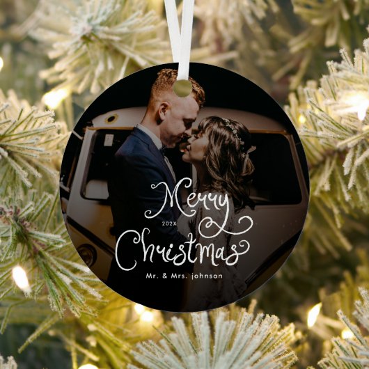 Merry Christmas Whimsical Script Custom Photo Metalen Ornament (Insitu)