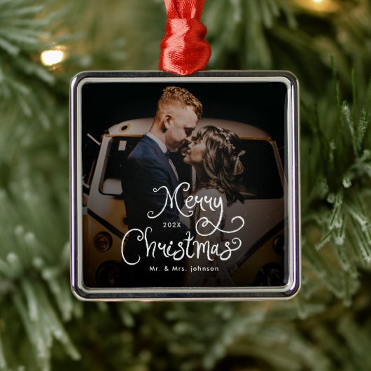 Merry Christmas Whimsical Script  Custom Photo  Metalen Ornament (Boom)