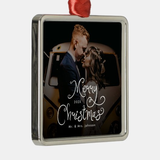 Merry Christmas Whimsical Script  Custom Photo  Metalen Ornament (Rechts)