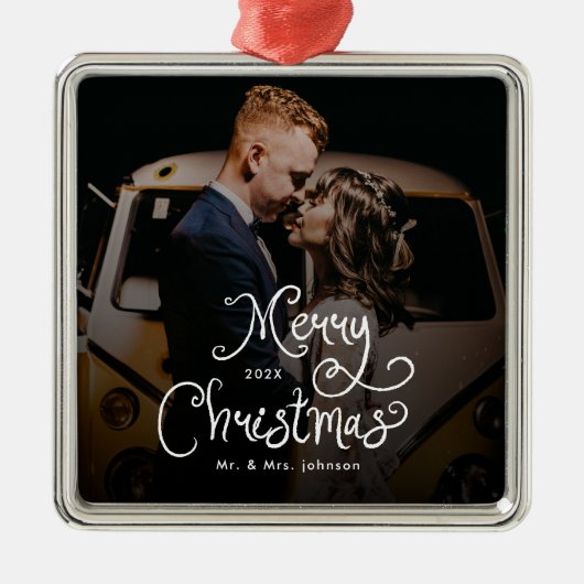 Merry Christmas Whimsical Script  Custom Photo  Metalen Ornament (Voorkant)