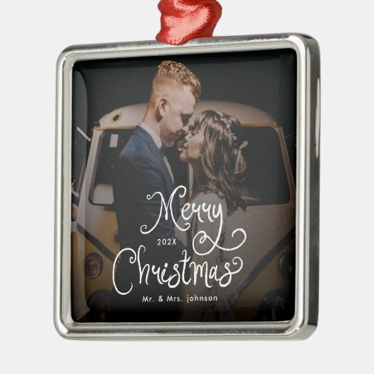 Merry Christmas Whimsical Script  Custom Photo  Metalen Ornament (Links)