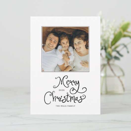 Merry Christmas Whimsical Script  Family 7 Photos Feestdagenkaart (Staand voorkant)