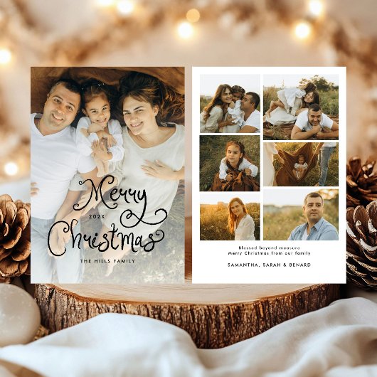 Merry Christmas Whimsical Script  Family 7 Photos Feestdagenkaart