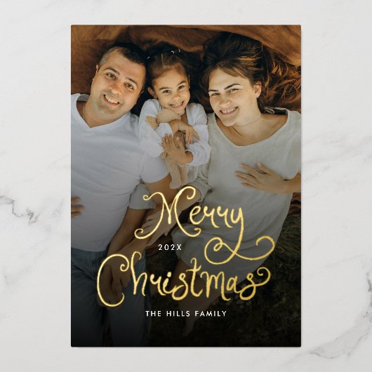 Merry Christmas Whimsical Script  Family 7 Photos Folie Feestdagenkaart (Voorkant)