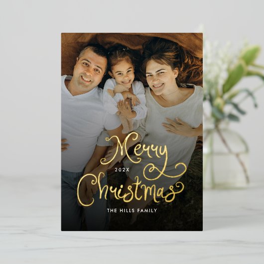 Merry Christmas Whimsical Script  Family 7 Photos Folie Feestdagenkaart (Staand Voorkant)