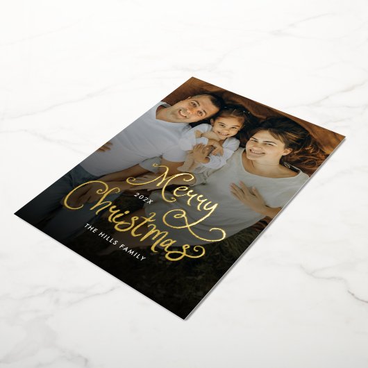 Merry Christmas Whimsical Script  Family 7 Photos Folie Feestdagenkaart (Gedraaid)