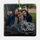 Merry Christmas Whimsical Script Family Photo Dog Keramisch Ornament (Voorkant)