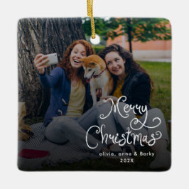 Merry Christmas Whimsical Script Family Photo Dog Keramisch Ornament
