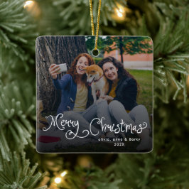Merry Christmas Whimsical Script Family Photo Dog Keramisch Ornament
