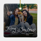 Merry Christmas Whimsical Script Family Photo Dog Keramisch Ornament (Achterkant)