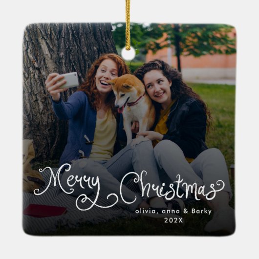 Merry Christmas Whimsical Script Family Photo Dog Keramisch Ornament (Achterkant)