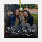 Merry Christmas Whimsical Script Family Photo Dog Keramisch Ornament (Voorkant)