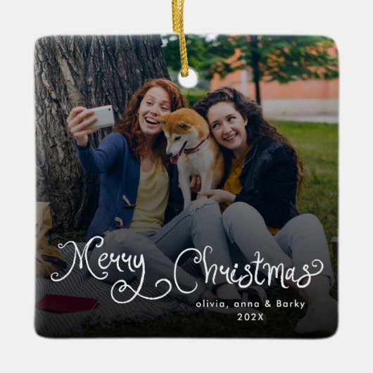 Merry Christmas Whimsical Script Family Photo Dog Keramisch Ornament (Voorkant)